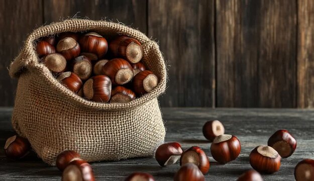 Fresh chestnuts spilling from burlap canvas sack, glossy dark brown chestnuts with beige circular marks, rough natural burlap fabric