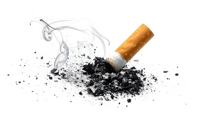 Smoldering Cigarette Butt in Ash Heap on White Background.