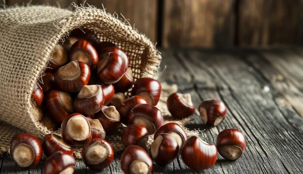 Fresh chestnuts spilling from burlap canvas sack, glossy dark brown chestnuts with beige circular marks, rough natural burlap fabric