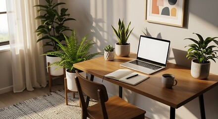 Fototapeta premium A bright modern office interior with a desk, table, chairs, wooden floor, and natural light from a window