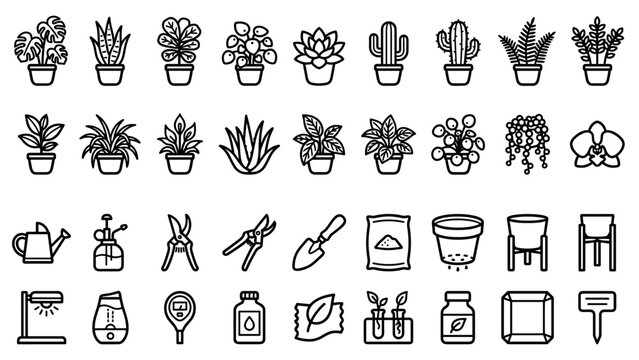 Set of 32 Indoor Houseplant and Gardening Care Vector Icons in Bold Outline Style; Includes Potted Monstera, Cactus, Succulent, Watering Can, Pruning Shears, Trowel, Soil, Grow Light, and Humidifier.