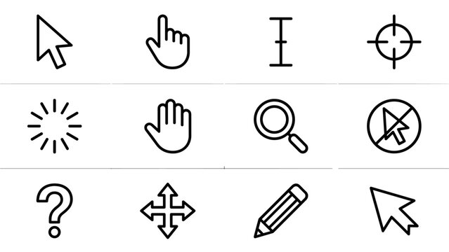 Set of 12 Minimalist Cursor and Mouse Pointer Line Icons for Web and UI Design, Featuring Arrow, Hand, Loading, Zoom, and Edit Symbols in a Uniform Stroke Style on a Clean Grid Layout Vector.