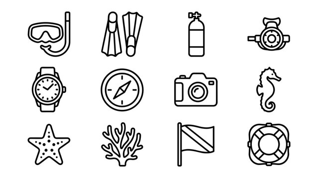 Set of 12 minimalist scuba diving and snorkeling line icons featuring a mask, fins, oxygen tank, regulator, dive watch, compass, camera, seahorse, starfish, coral, dive flag, and lifebuoy ring.