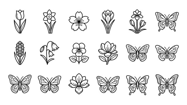Minimalist Line Art Vector Icon Set of Spring Flowers and Butterflies, Featuring Tulip, Daffodil, Cherry Blossom, Crocus, Hyacinth, Snowdrop, Pansy, Magnolia, and Lotus in a Neat Grid Layout.
