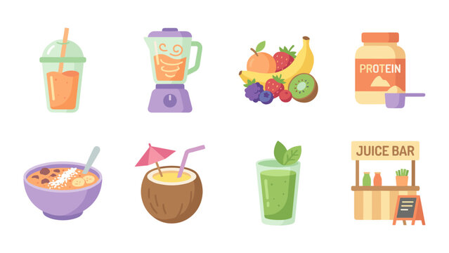 Set of 8 flat smoothie bar icons including a smoothie cup, blender, fresh fruit, protein powder jar, healthy smoothie bowl, tropical coconut drink, green juice, and a juice bar kiosk illustration.
