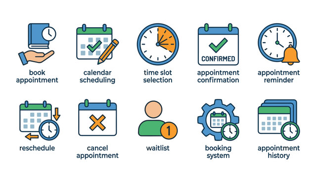 Set of 10 Appointment Booking and Scheduling Icons for Web and Mobile Apps, Featuring Calendar, Clock, Reminder, Confirmation, Cancellation, Reschedule, Waitlist, and History Vector Graphics
