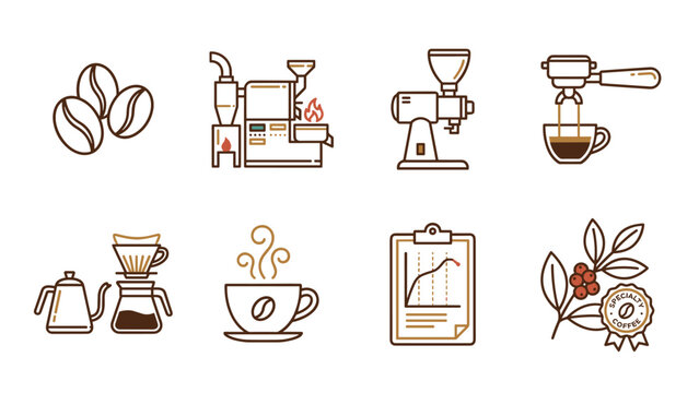 Set of 8 coffee roastery and specialty coffee icons featuring roasted beans, roasting machine, grinder, espresso portafilter, pour-over dripper, steaming cup, quality chart, and coffee plant.