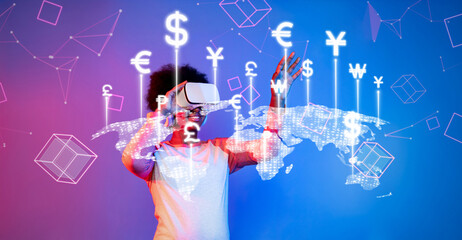 A young man wearing a virtual reality headset interacts with floating currency symbols like dollar, euro, and yen against a futuristic global map backdrop, symbolizing digital trading. XDMCP