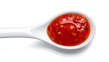 A spoonful of vibrant, homemade chili sauce on white background.