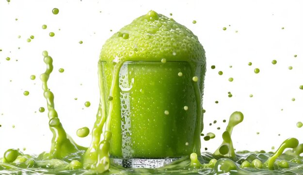 Green smoothie or juice splashing dynamically out of clear glass tumbler, vibrant lime green liquid with dramatic crown splash effect