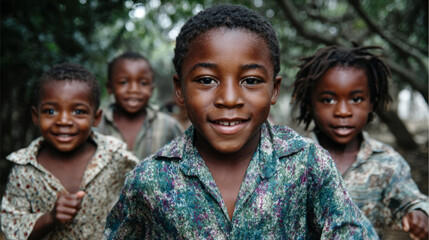 Fototapeta premium Four smiling African children in a natural outdoor setting, close-up portrait