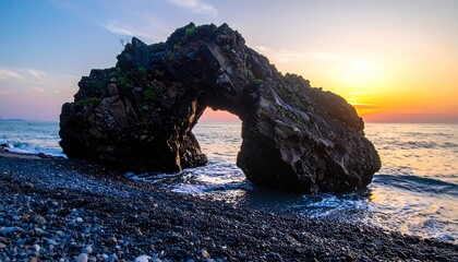 Dramatic Rock Arch at Sunset on a Pebble Beach.