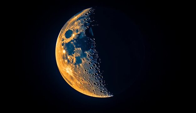 Waxing crescent blue moon phase against pure black background, golden orange illuminated crescent with visible lunar surface texture and craters, sharp detailed moon surface