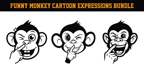 Funny monkey cartoon expressions bundle with different facial emotions  monkey faces with various gestures  playful monkey illustrations © Suhel_AI Design