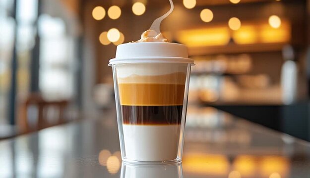 Transparent takeaway coffee cup with white lid showing three distinct layers, dark espresso at bottom, caramel orange middle layer
