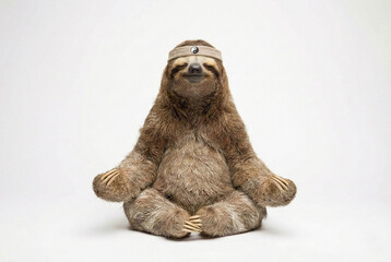 Fototapeta premium A smiling sloth sitting in a meditation pose with a headband