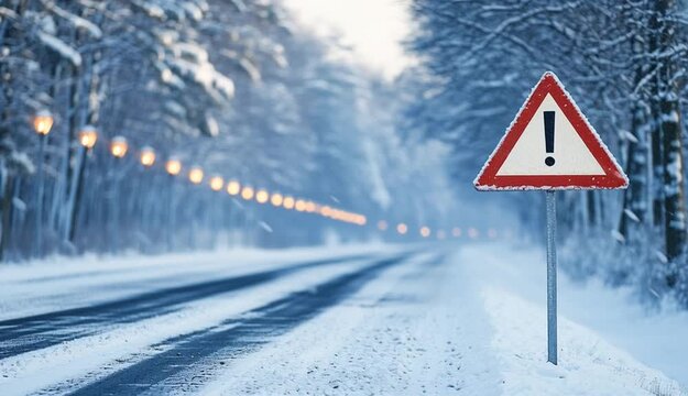 Red triangular warning road sign with exclamation mark on metal post, snowy winter road with tire tracks, row of street lights along road receding into distance