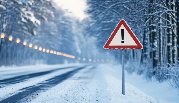 Red triangular warning road sign with exclamation mark on metal post, snowy winter road with tire tracks, row of street lights along road receding into distance