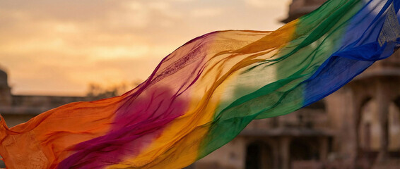 Colorful headscarf dupatta waving in the wind during Holi festival at sunset  