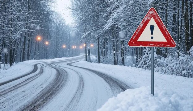 Red triangular warning road sign with exclamation mark on metal post, snowy winter road with tire tracks, row of street lights along road receding into distance