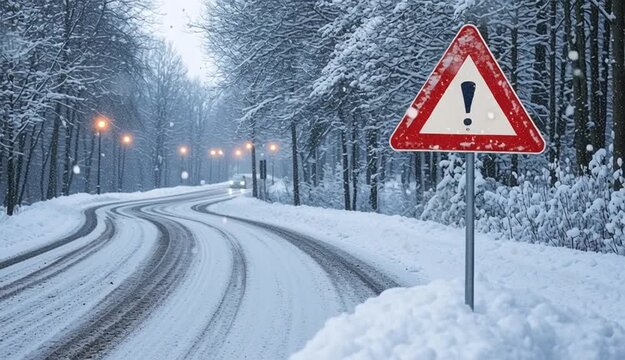 Red triangular warning road sign with exclamation mark on metal post, snowy winter road with tire tracks, row of street lights along road receding into distance
