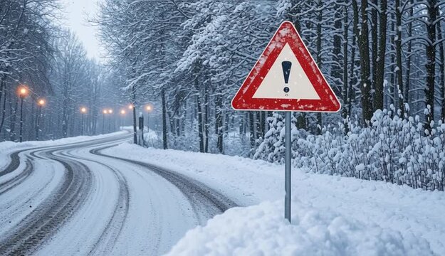 Red triangular warning road sign with exclamation mark on metal post, snowy winter road with tire tracks, row of street lights along road receding into distance