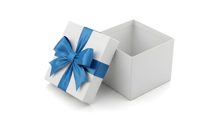 White gift box with blue ribbon on white background 3D render present packaging