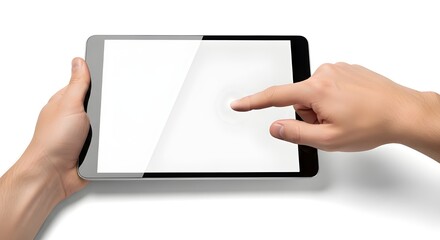 Hands using blank digital tablet screen for interactive technology display