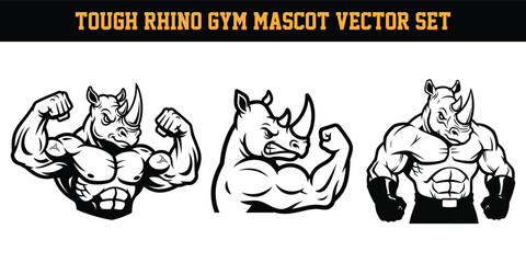 Tough rhino gym mascot vector set with three muscular rhinoceros illustrations in different poses © Suhel_AI Design
