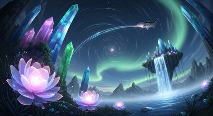 Magical nocturnal landscape features glowing flora, towering mineral formations, and celestial illumination over water