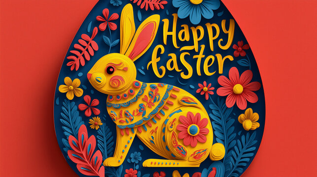 Happy Easter Greeting Card with Colorful Paper Cut Bunny Inside Decorative Easter Egg, Floral Spring Elements and Modern Craft Style Illustration