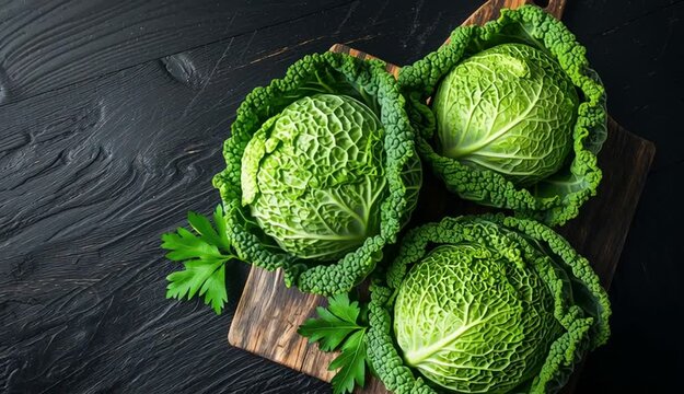 Fresh Savoy cabbage heads on rustic wooden cutting board, dark black wooden table background, green crinkled textured cabbage leaves