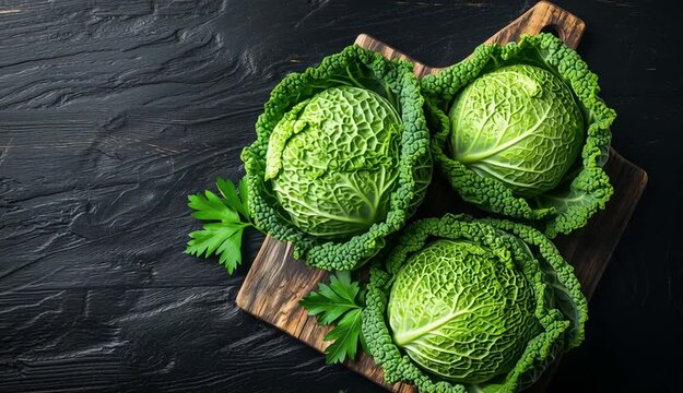 Fresh Savoy cabbage heads on rustic wooden cutting board, dark black wooden table background, green crinkled textured cabbage leaves