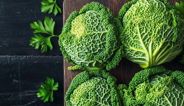Fresh Savoy cabbage heads on rustic wooden cutting board, dark black wooden table background, green crinkled textured cabbage leaves