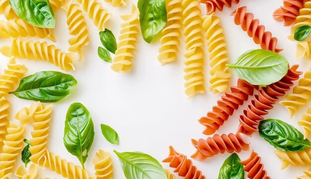 Colorful fusilli pasta arranged in border frame pattern on white background