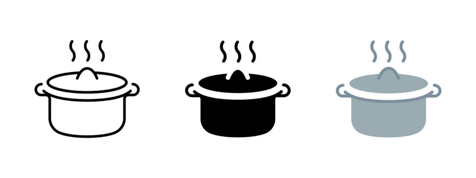 Boiling cooking pot icon. Kitchen saucepan with lid and steam showing food preparing process. Metal cookware for culinary, boiling food, preparing soup and meals in home kitchen.