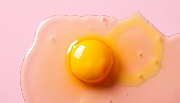 Raw cracked egg with bright yellow yolk and translucent egg white on soft pink pastel background without shadow