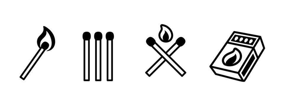 Match and matchbox icon set in outline and solid styles. Burning matchsticks and fire symbols for ignition, safety, danger, camping, survival and emergency concepts. Isolated vector illustration.