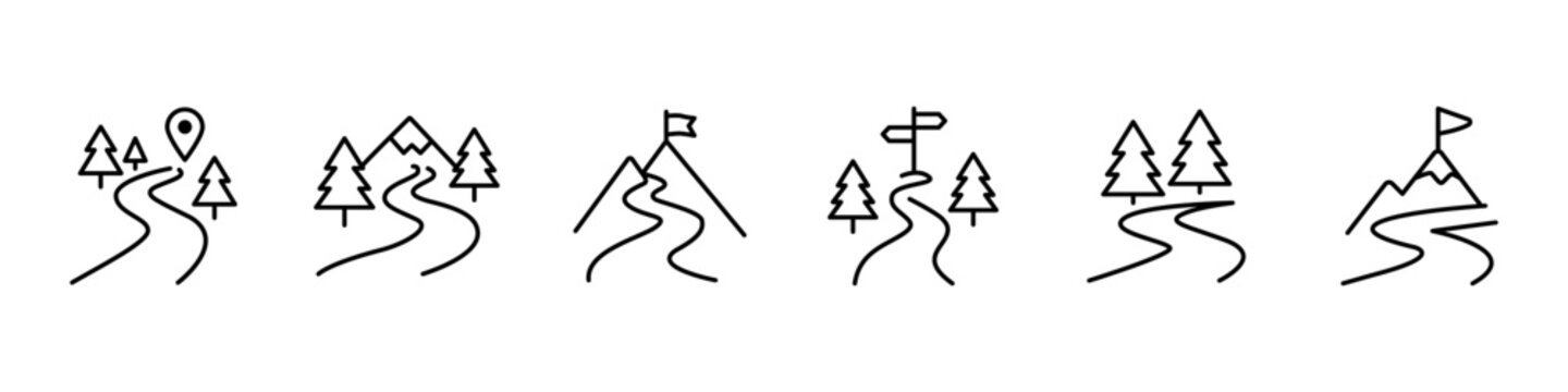Journey and path icon set with winding road, mountains, forest and direction symbols. Outline vector icons for travel, navigation, hiking, adventure, destination, progress and route concepts.