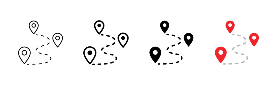 Route with location pins icon set in outline, solid and color styles. Minimal vector symbols for navigation, map, GPS, travel, destination, route planning, logistics and location tracking concepts.