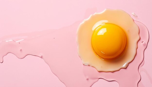 Raw cracked egg with bright yellow yolk and translucent egg white on soft pink pastel background without shadow