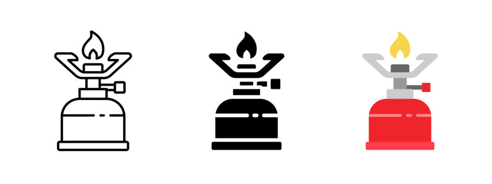 Portable camping gas burner icon set in outline, solid and color styles. Minimal vector symbols for outdoor cooking, stove equipment, fire, fuel canister, hiking, travel and survival use.