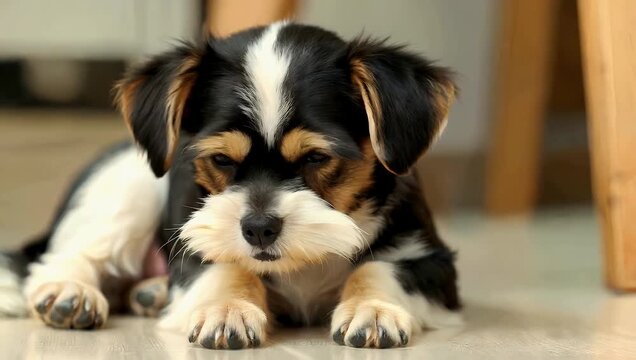 High quality 4K close up pet footage capturing an adorable mixed breed Morkie dog lying down suddenly sneezing shaking its ears illustrating cute animal behavior allergies everyday pet life 