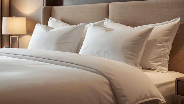 Clean Bedding sheets and pillow on natural wall room background. White bedding and pillow in hotel room. White pillows on empty bed
