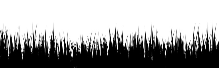 Naklejka premium Meadow silhouette with grass, plants on plain. Panoramic summer lawn landscape with herbs, various weeds. Herbal border, frame element. Black horizontal banners. Vector illustration
