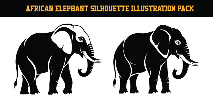 African elephant silhouettes with white details on white background  two black elephant illustrations side by side