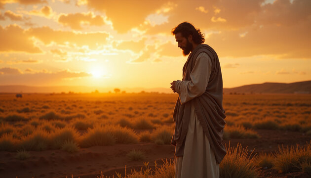 Prayful moment at sunset with figure in desert landscape. Scene evokes tranquility and contemplation in golden light.