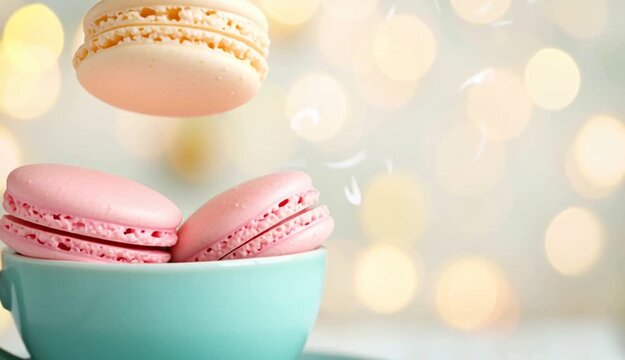 Pastel macarons in mint turquoise teacup on saucer, pink and cream colored french macarons stacked inside cup