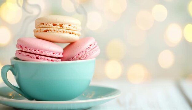 Pastel macarons in mint turquoise teacup on saucer, pink and cream colored french macarons stacked inside cup