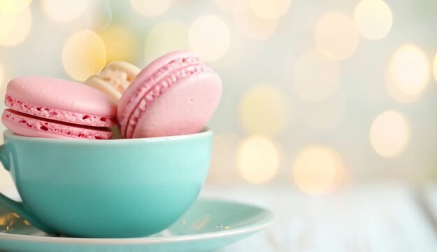 Pastel macarons in mint turquoise teacup on saucer, pink and cream colored french macarons stacked inside cup